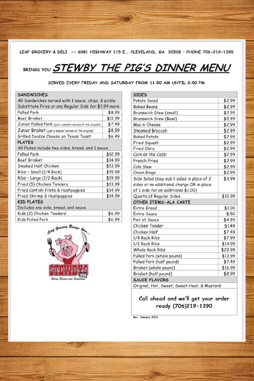 Stewby the Pig’s Friday & Saturday BBQ dinner menu
