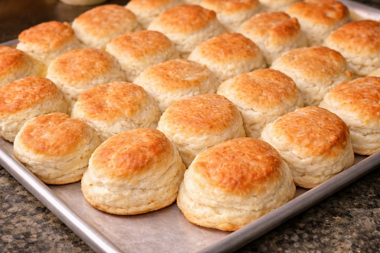 Tray of golden buttermilk biscuits