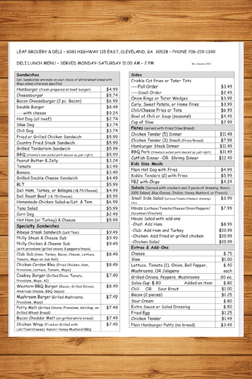 Leaf Grocery & Deli – lunch menu