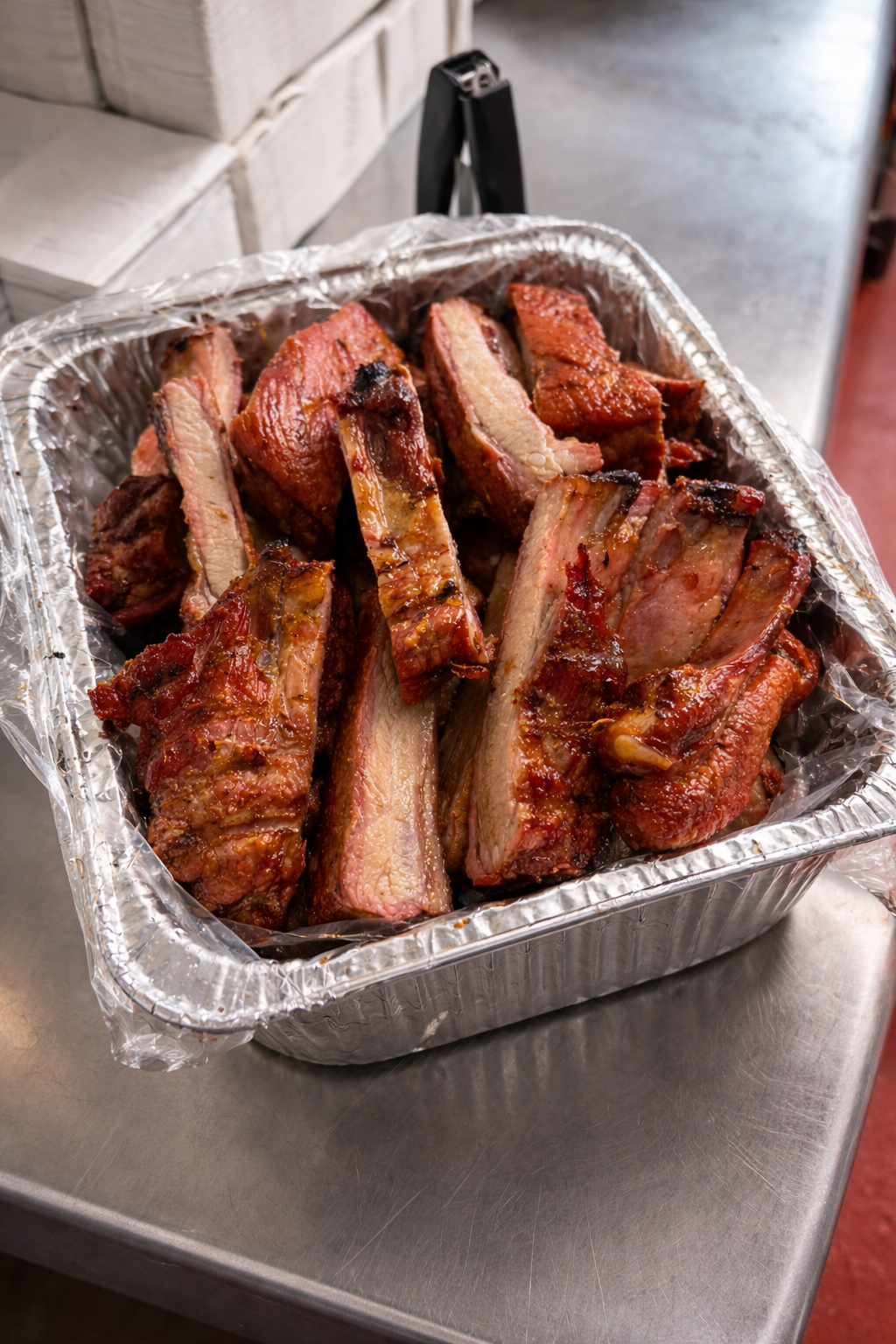 Pan of smoked ribs