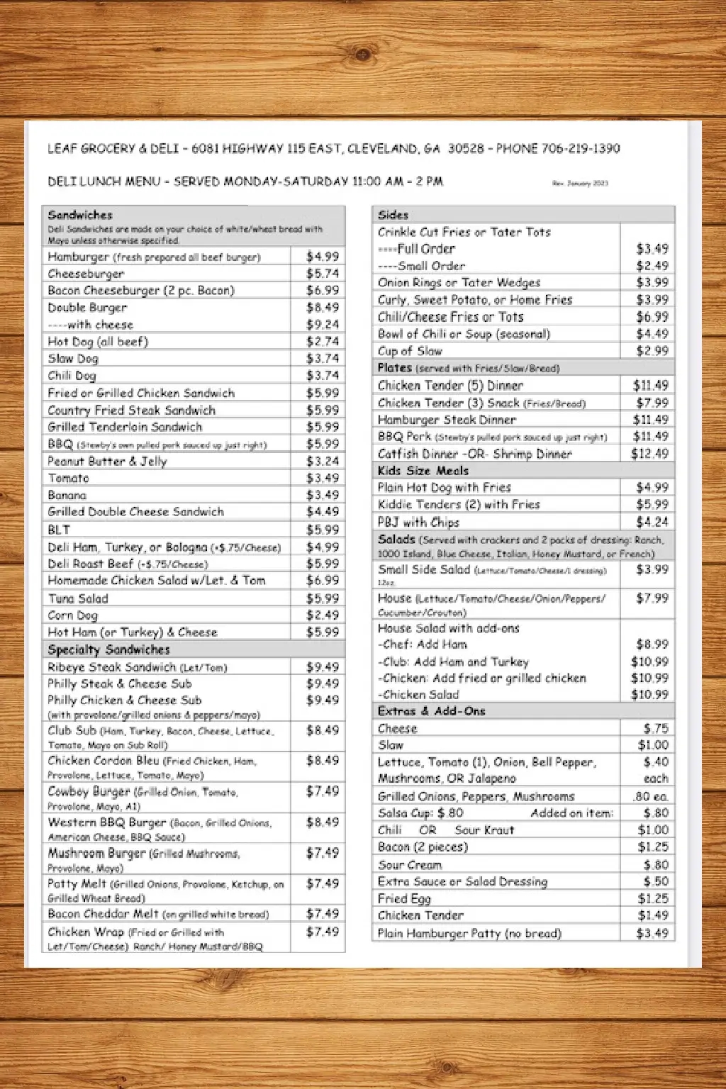 Leaf Grocery & Deli – lunch menu
