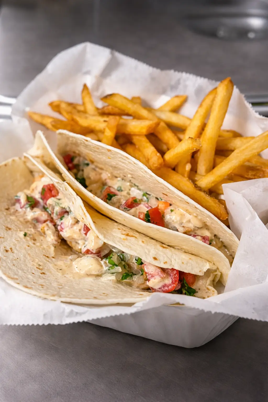 Chicken quesadilla with fries